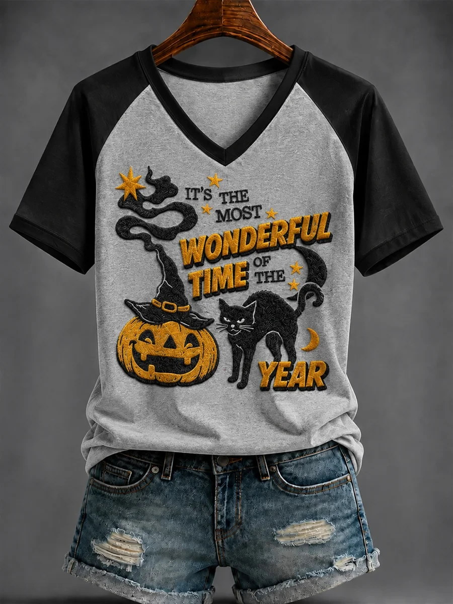 Black Cat It's The Most Wonderful Time Of The Year V-Neck Shirt Good Halloween Gifts - Kdjoy