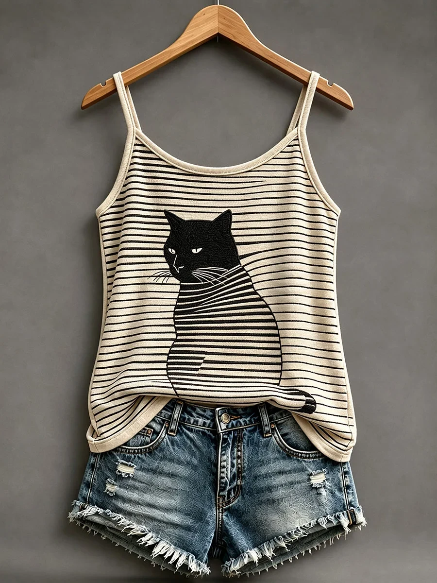 Black Cat On Stripes Tank Top Cat Stripes Merch Cozy Apparel Gift - Kdjoy
