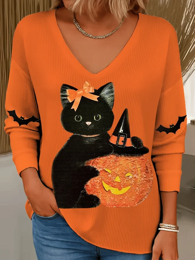 Black Cat Orange Bow Bat Icons V-Neck Long Sleeve Shirt Cute Halloween Merch Gift For Cat Lovers - Kdjoy