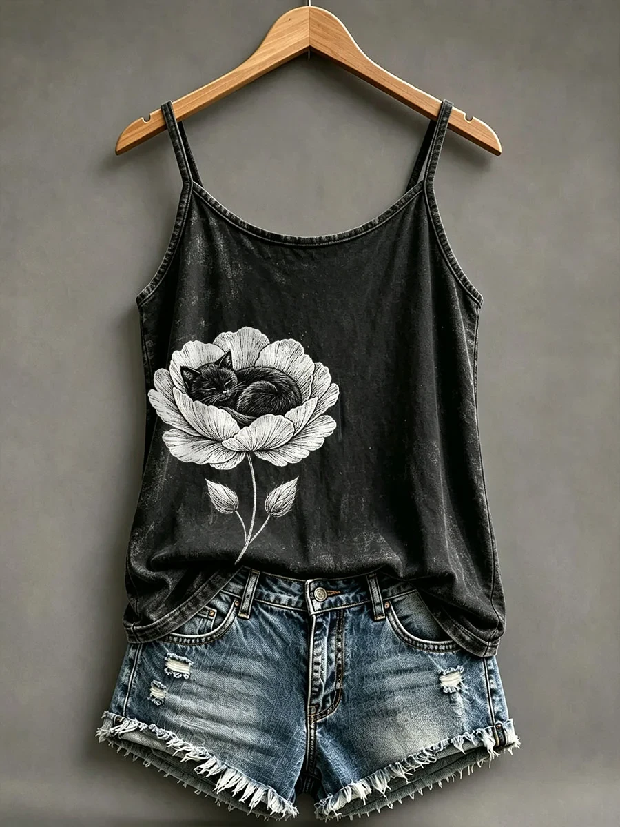 Black Cat Sleeping In A Flower Tank Top Cat Flower Merch Unique Gift For Women - Kdjoy
