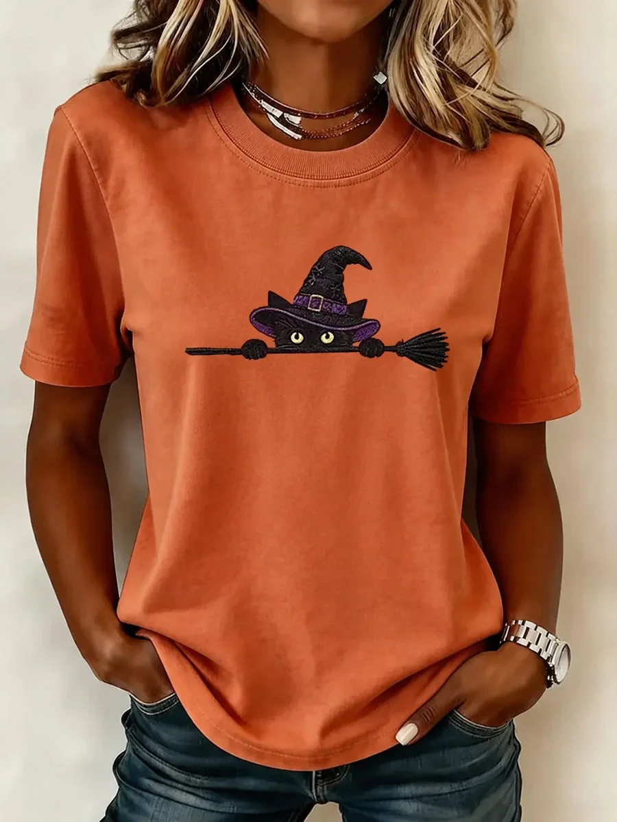 Black Cat Witch Broom T-Shirt Halloween Cat Merch Meaningful Gifts For Women - Kdjoy