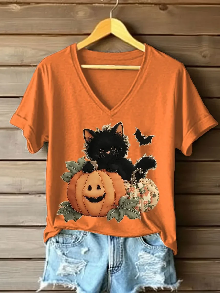 Black Kitten Pumpkin V-Neck Shirt Cute Halloween Apparel Gift For Cat Lovers - Kdjoy