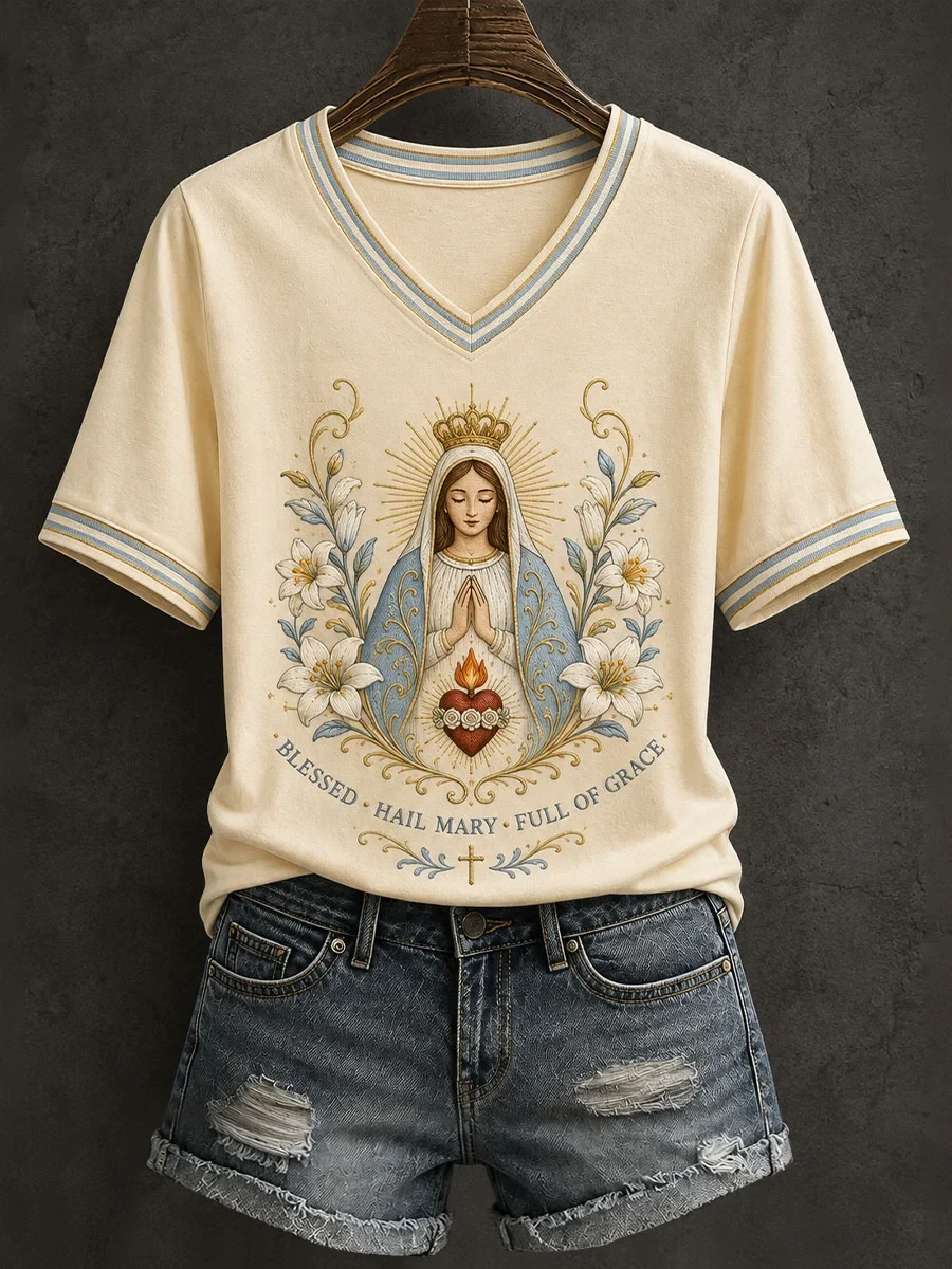 Blessed Hail Mary Full Of Grace V-Neck Shirt Christian Apparel Best Gifts For Wife - Kdjoy