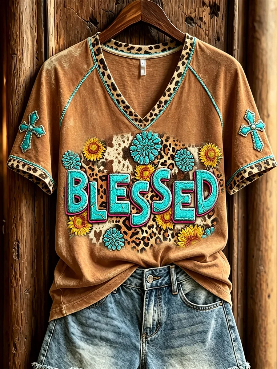 Blessed Turquoise Cowhide Leopard Christian Western V-Neck Shirt Religious Gift Ideas - Kdjoy Blessed Turquoise Cowhide Leopard Christian Western V-Neck Shirt Religious Gift Ideas - Kdjoy