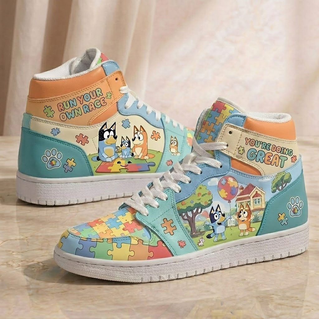 Bluey Autism Acceptance Run Your Own Race High Top Sneakers You're Doing Great Shoes Son Gifts Bluey Autism Acceptance Run Your Own Race High Top Sneakers You're Doing Great Shoes Son Gifts