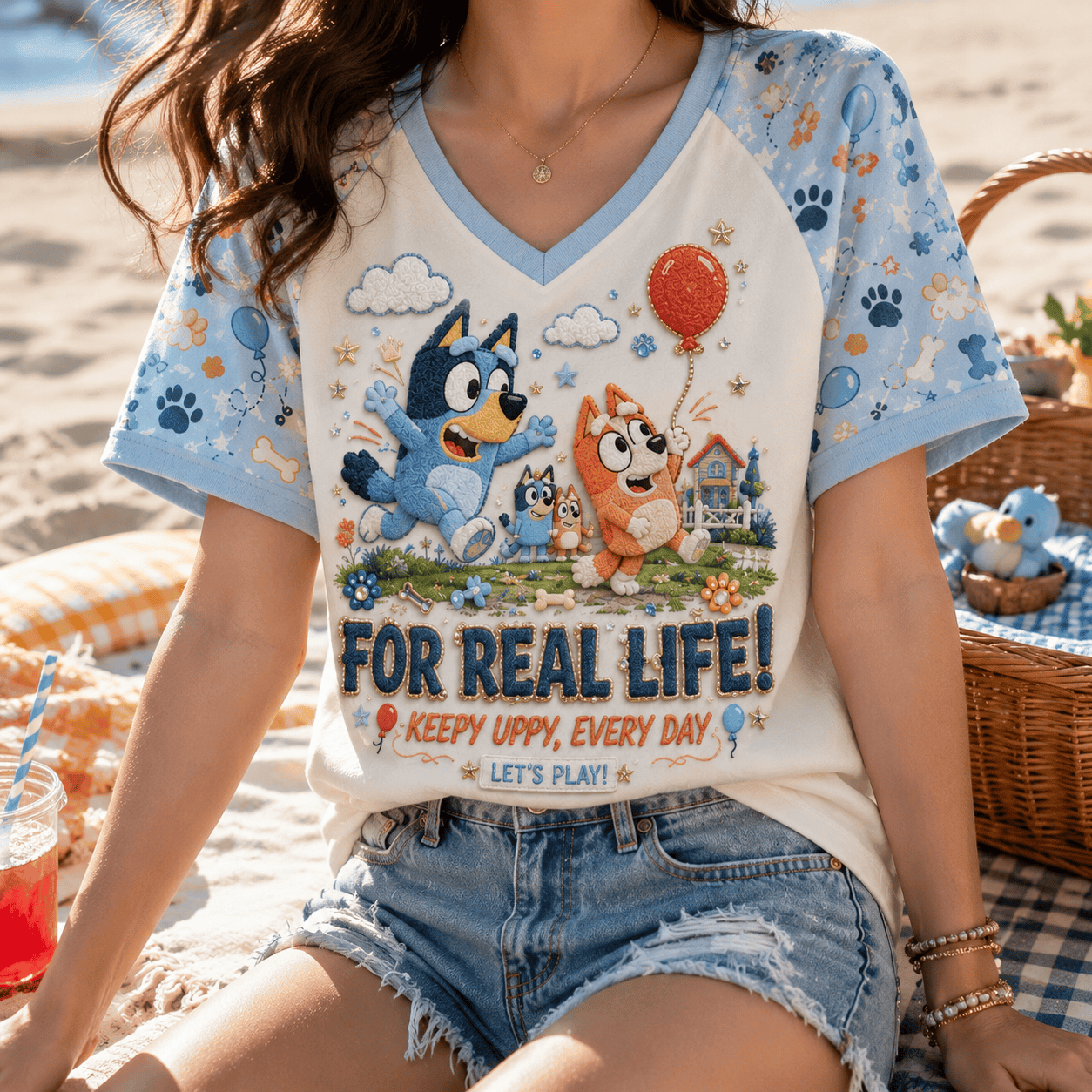 Bluey For Real Life V-Neck Shirt Keepy Uppy Every Day Let's Play Clothing Gift For Her - Kdjoy Bluey For Real Life V-Neck Shirt Keepy Uppy Every Day Let's Play Clothing Gift For Her - Kdjoy