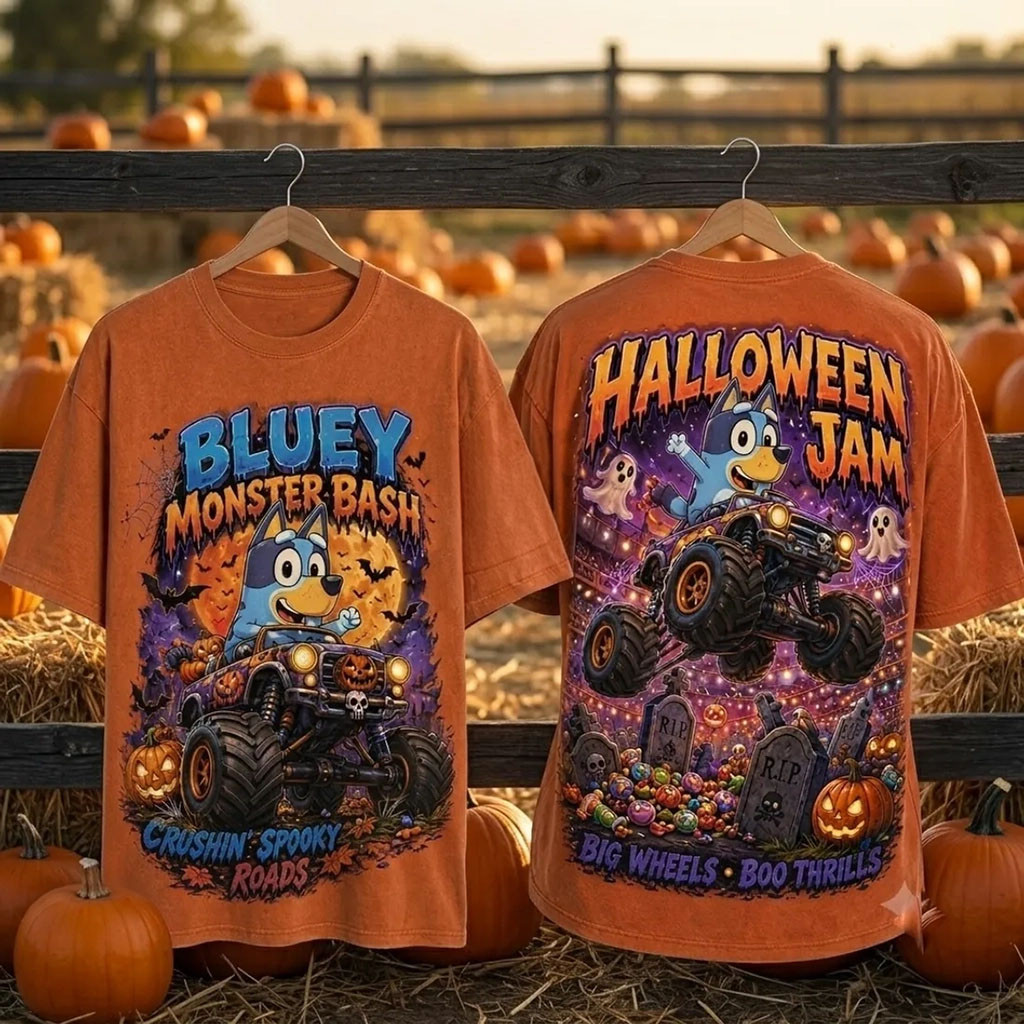 Bluey Halloween Monster Bash Orange T-Shirt Big Wheels Boo Thrills Shirt Halloween Gift Ideas