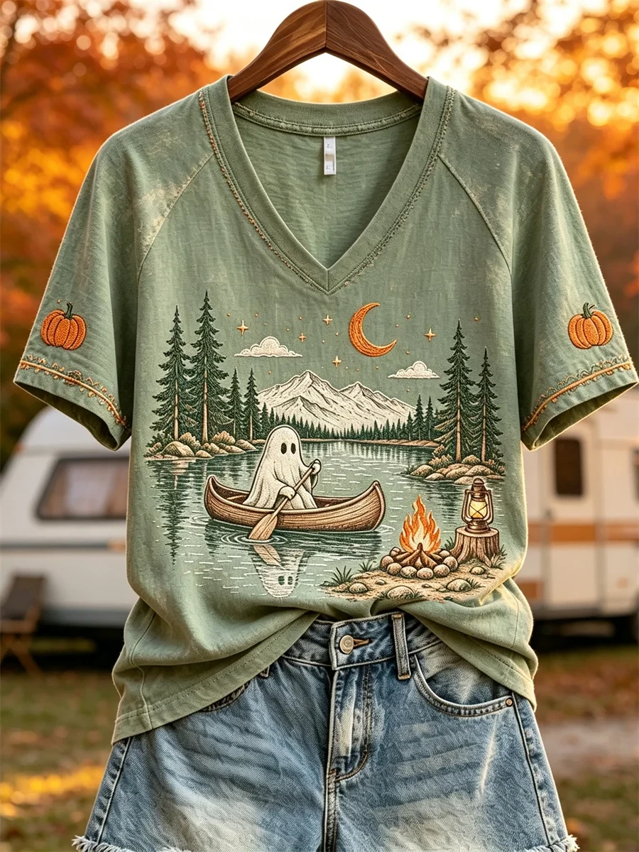 Boating Ghost Fall Camping V-Neck Shirt Cute Autumn Clothes Halloween Gifts For Her - Kdjoy Boating Ghost Fall Camping V-Neck Shirt Cute Autumn Clothes Halloween Gifts For Her - Kdjoy