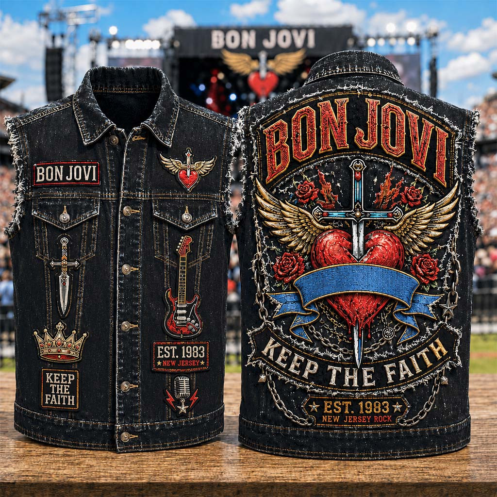 Bon Jovi Keep The Faith Denim Vest New Jersey Rock Bon Jovi Merch Gift Ideas For Music Lovers - Kdjoy Bon Jovi Keep The Faith Denim Vest New Jersey Rock Bon Jovi Merch Gift Ideas For Music Lovers - Kdjoy