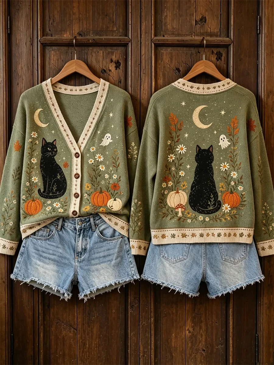 Boo Black Cat Pumpkin Cardigan Spooky Holiday Present Ideas For Her - Kdjoy