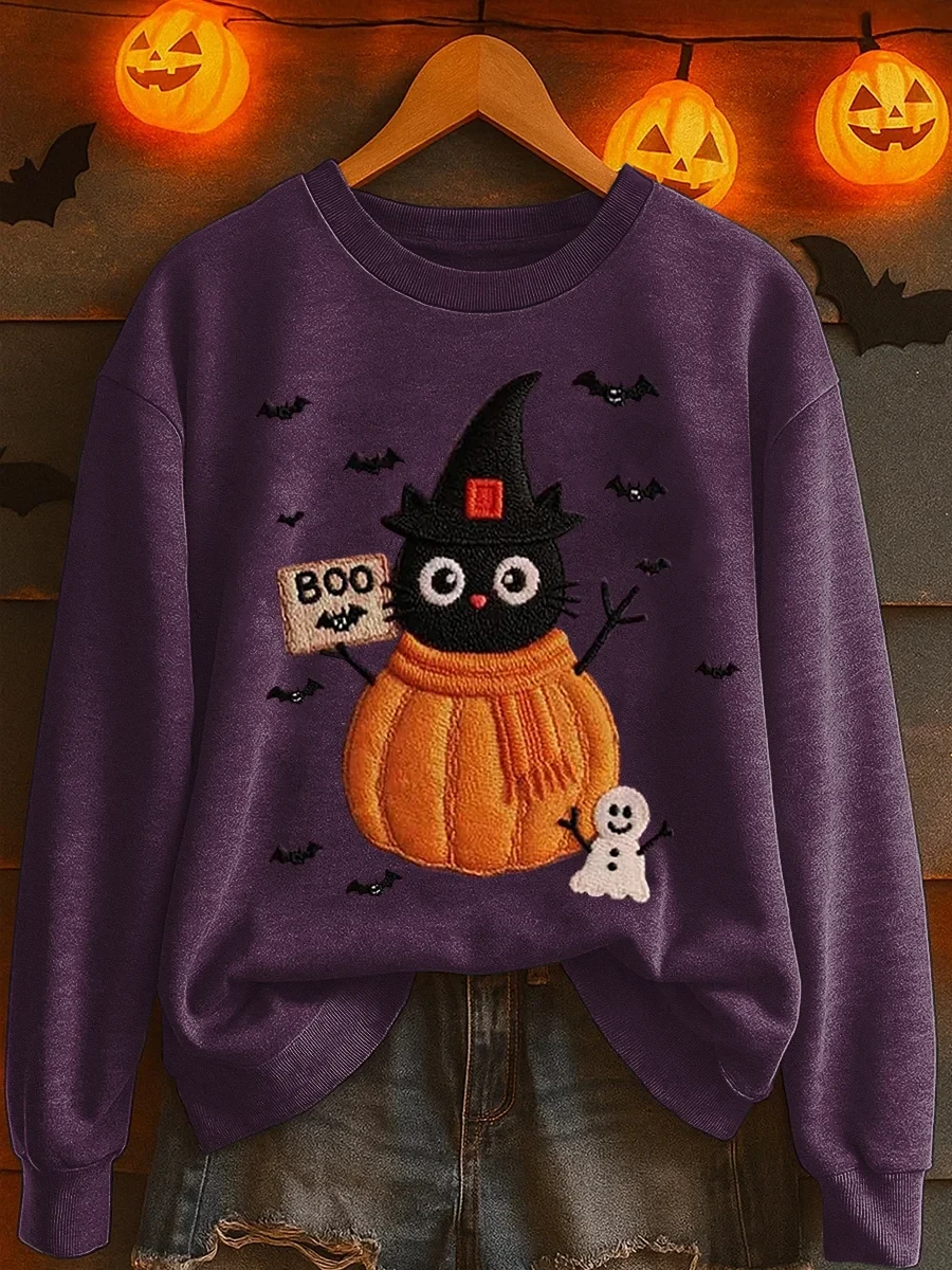 Boo Black Cat Pumpkin Sweatshirt Halloween Spooky Clothing Trendy Halloween Apparel - Kdjoy