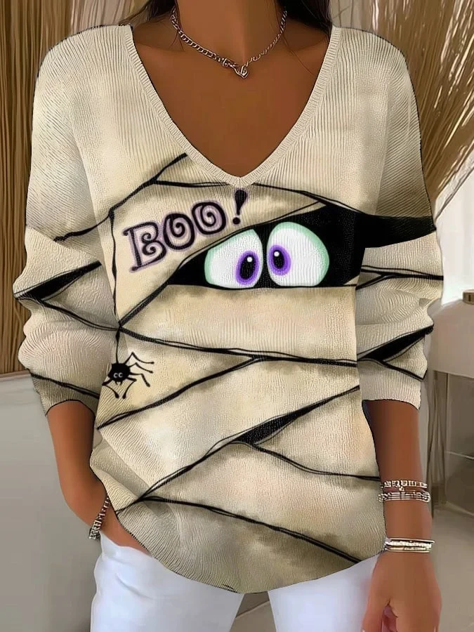 Boo Spooky Mummy Eyes V-Neck Long Sleeve Shirt Target Halloween Clothing Gift For Her - Kdjoy