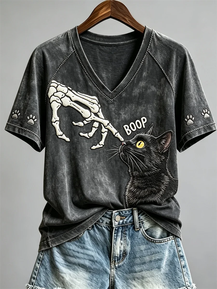 Boop Halloween Skeleton And Black Cat V-Neck Shirt Cute Halloween Merch Gift For Cat Lovers - Kdjoy