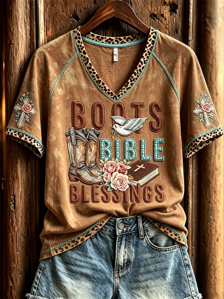 Boots Bible Blessings Floral Cross Leopard Western V-Neck Shirt Christian Gifts For Women - Kdjoy Boots Bible Blessings Floral Cross Leopard Western V-Neck Shirt Christian Gifts For Women - Kdjoy