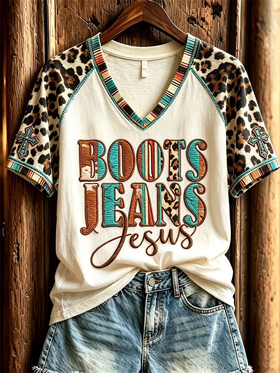 Boots Jeans Jesus Turquoise Cross Leopard Western V-Neck Shirt Faith Based Clothing Stores - Kdjoy