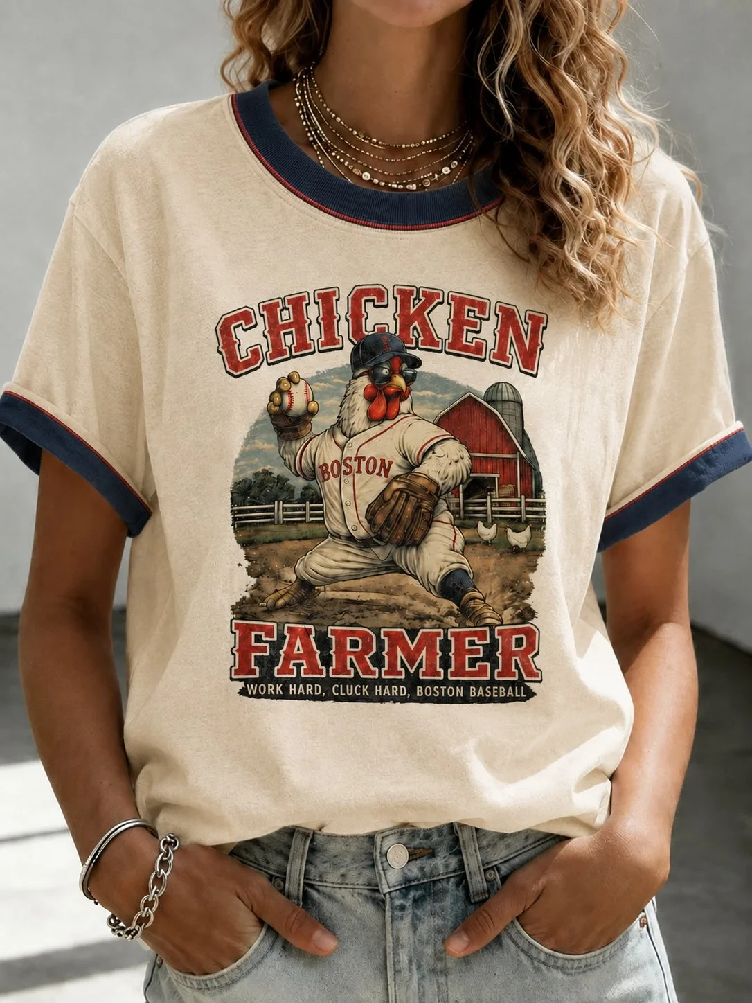Boston Red Sox Merch Boston Baseball Chicken Farmer T-Shirt Presents For Baseball Lovers - Kdjoy