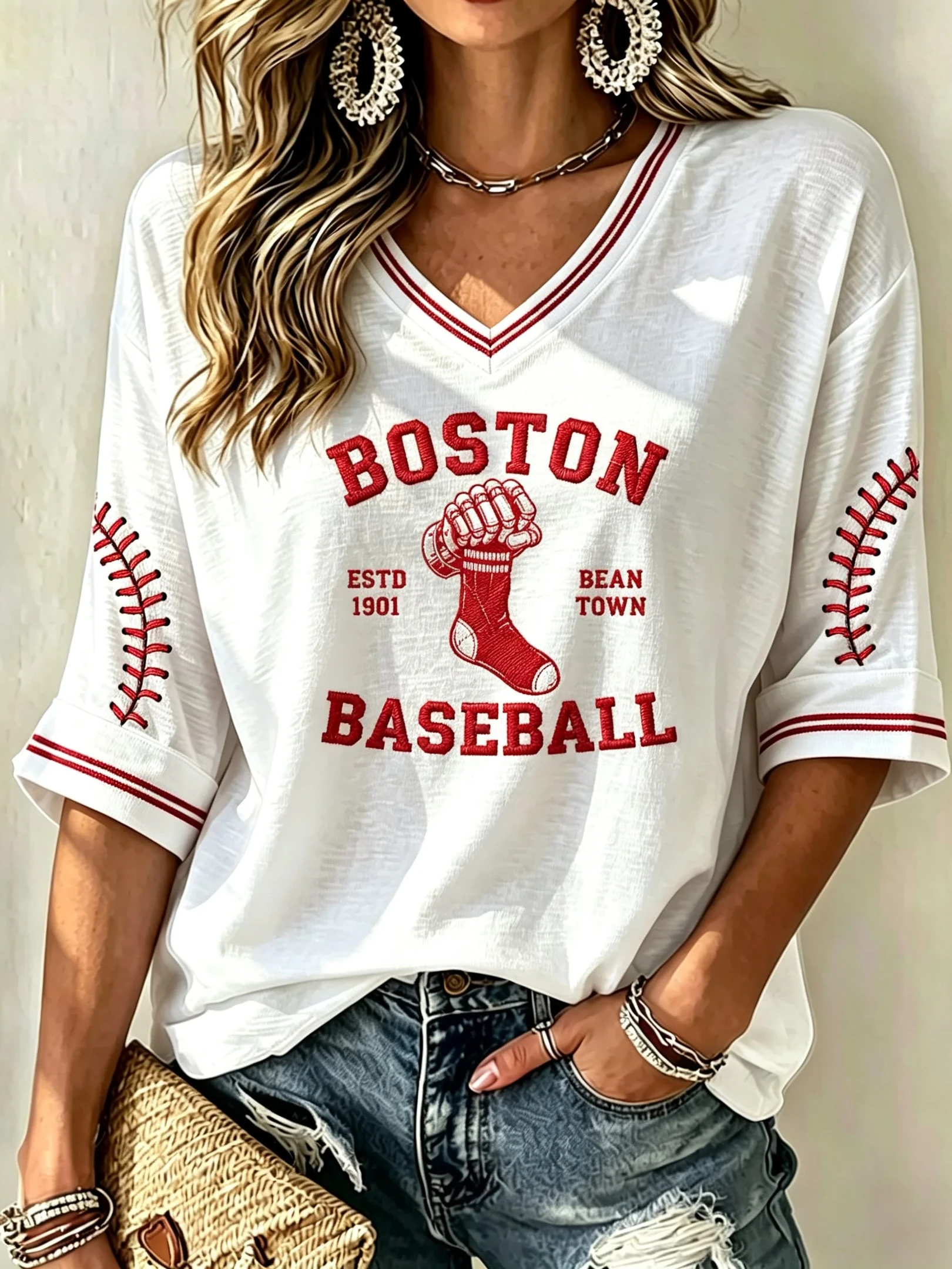 Boston Red Sox Merch Boston Baseball Crop Sleeve V-Neck Shirt Gifts For Baseball Fans - Kdjoy