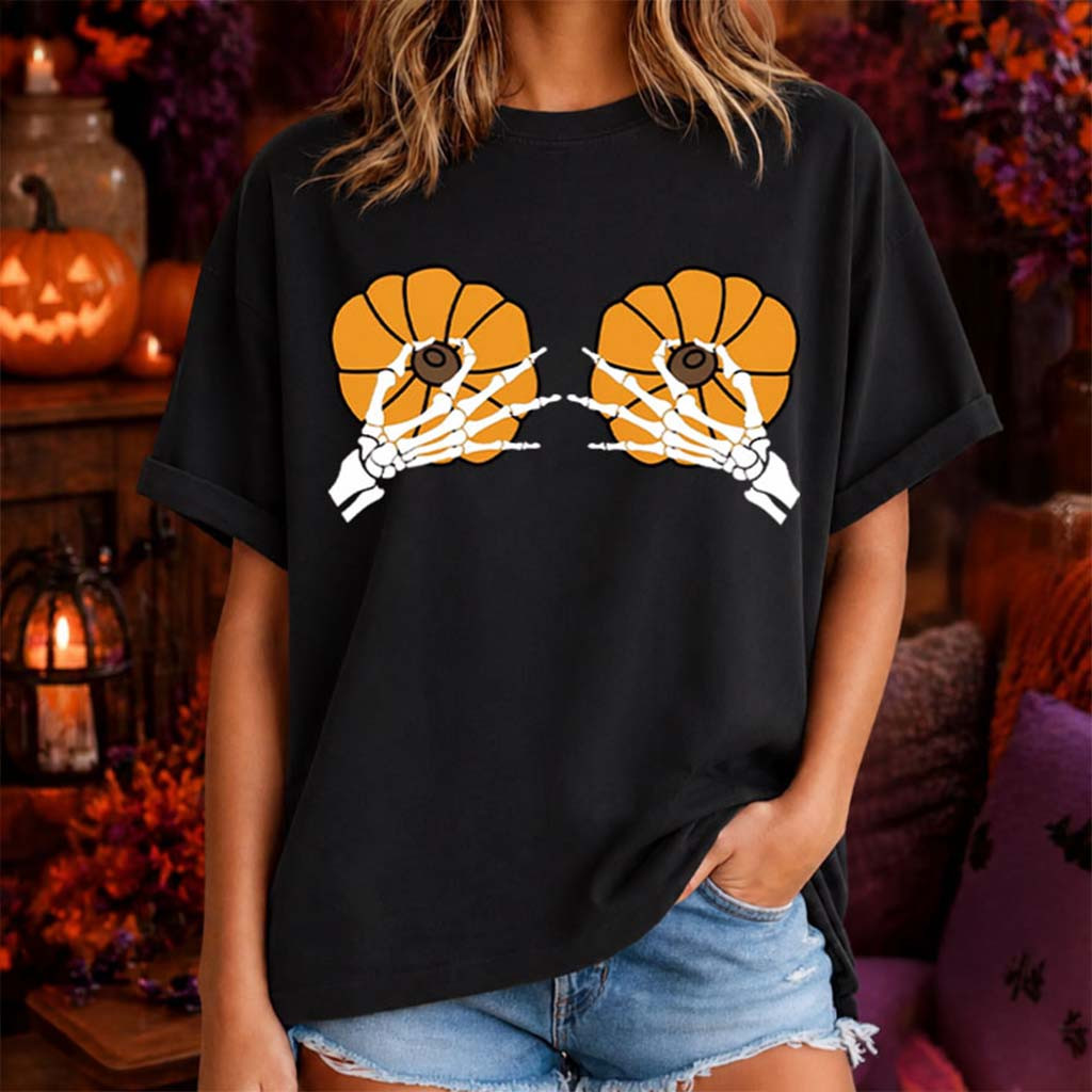 Breast Cancer Awareness Halloween Skeleton Hands And Orange Pumpkins T-Shirt Funny Gifts - Kdjoy Breast Cancer Awareness Halloween Skeleton Hands And Orange Pumpkins T-Shirt Funny Gifts - Kdjoy