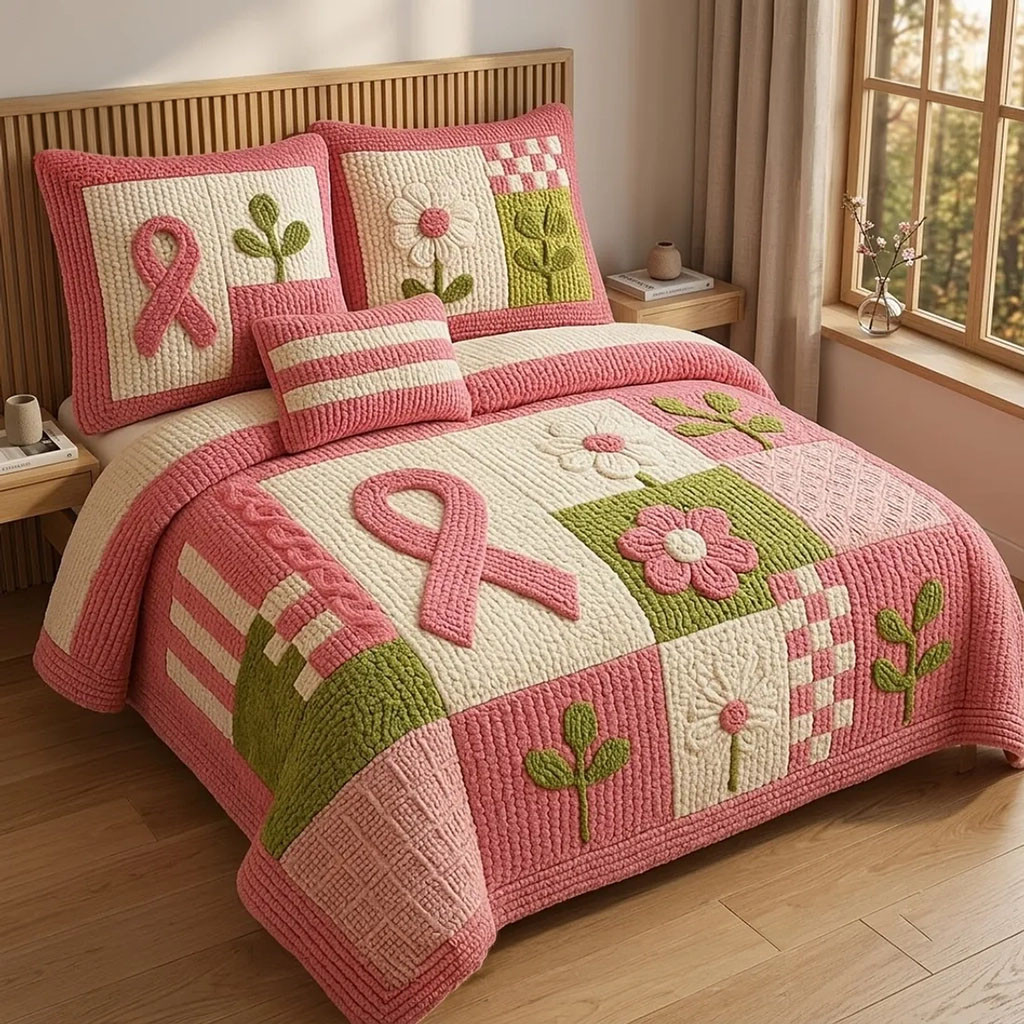 Breast Cancer Awareness Quilted Bedding Set Bedroom Decor Ideas Cancer Survivor Gifts For Her - Kdjoy