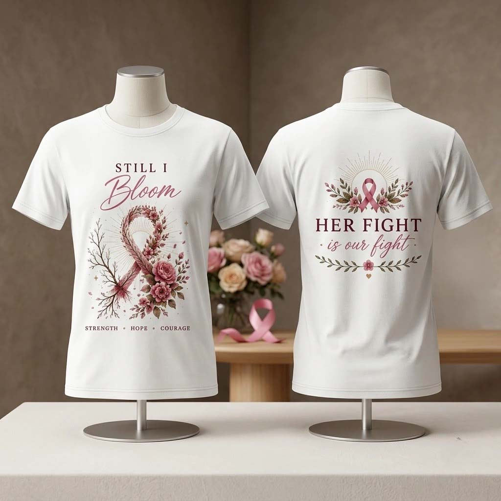 Breast Cancer Awareness Survivor Pink Ribbon Graphic Shirt Still I Bloom Her Fight Is Our Fight - Kdjoy