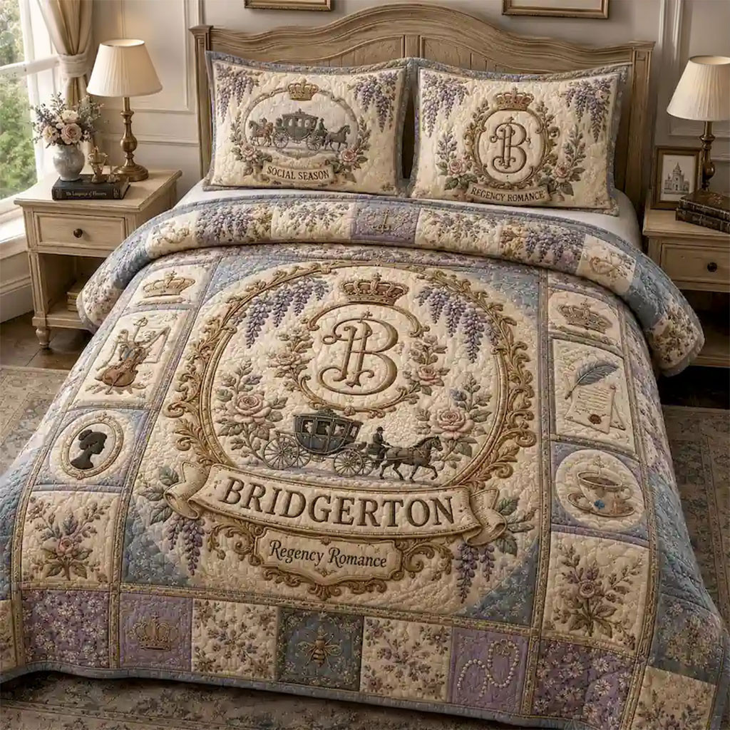 Bridgerton Regency Romance Quilt Bedding Set Elegant Bed Decor Bridgerton Merch Wife Gifts - Kdjoy