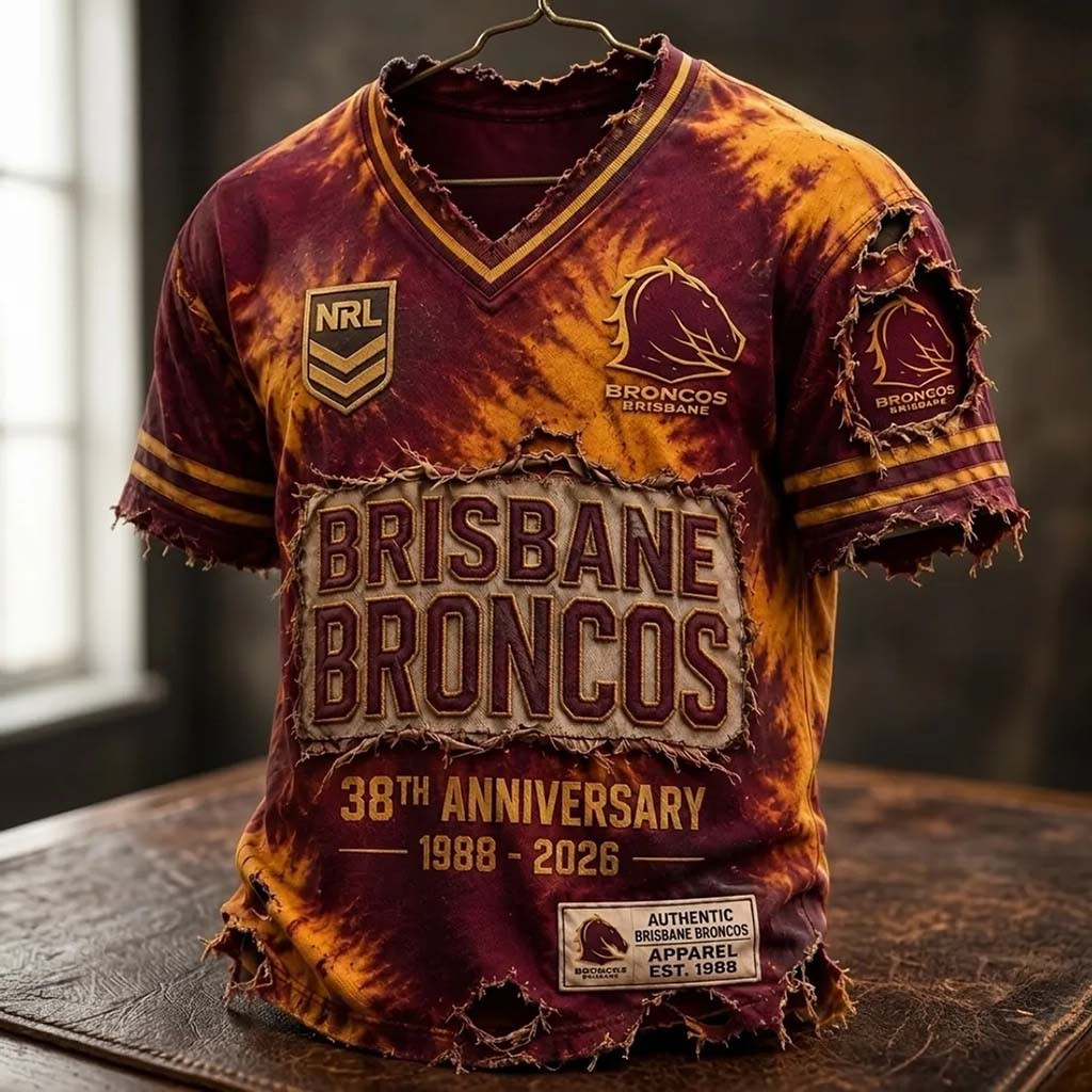 Brisbane Broncos 38th Anniversary Distressed V-Neck Shirt 2026 Brisbane Broncos Merch Fan Gifts - Kdjoy