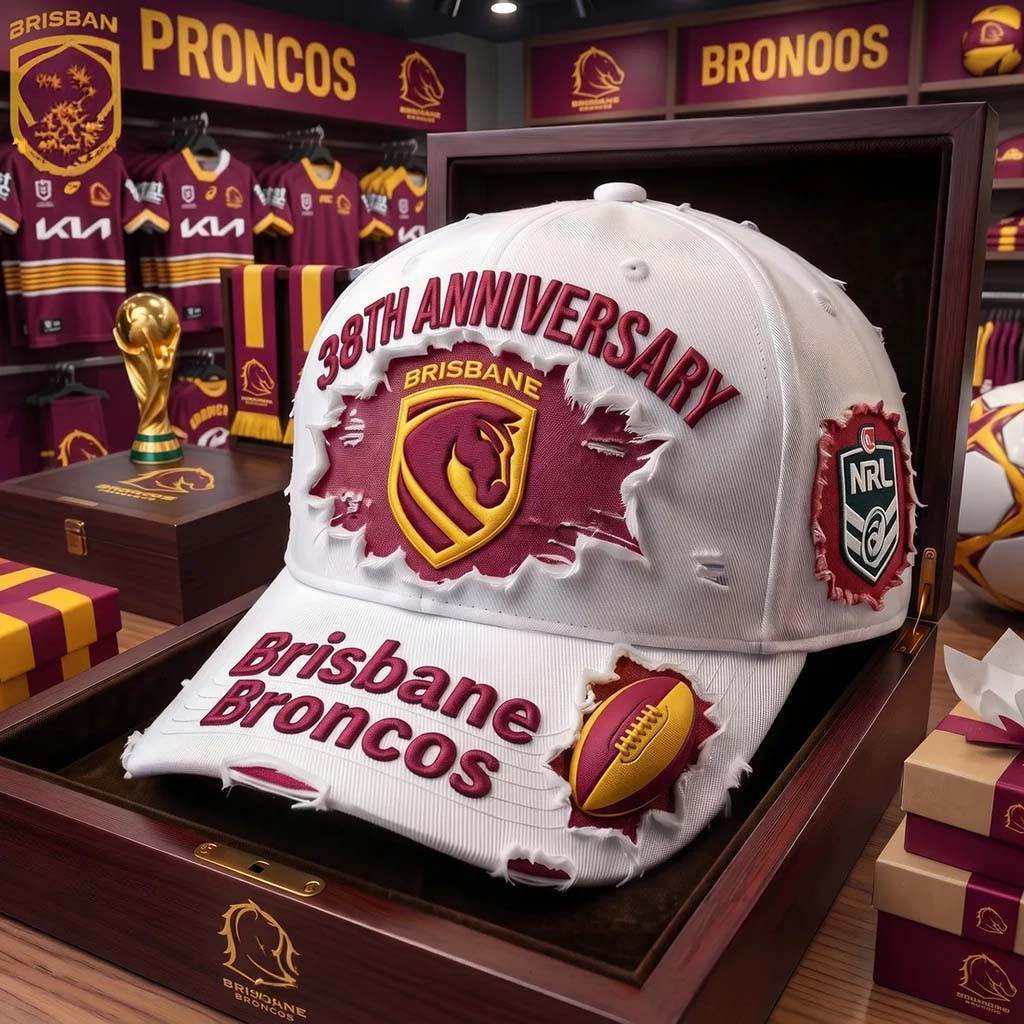 Brisbane Broncos 38th Anniversary White Distressed Hat Brisbane Broncos Merch Rugby Fan Gear - Kdjoy