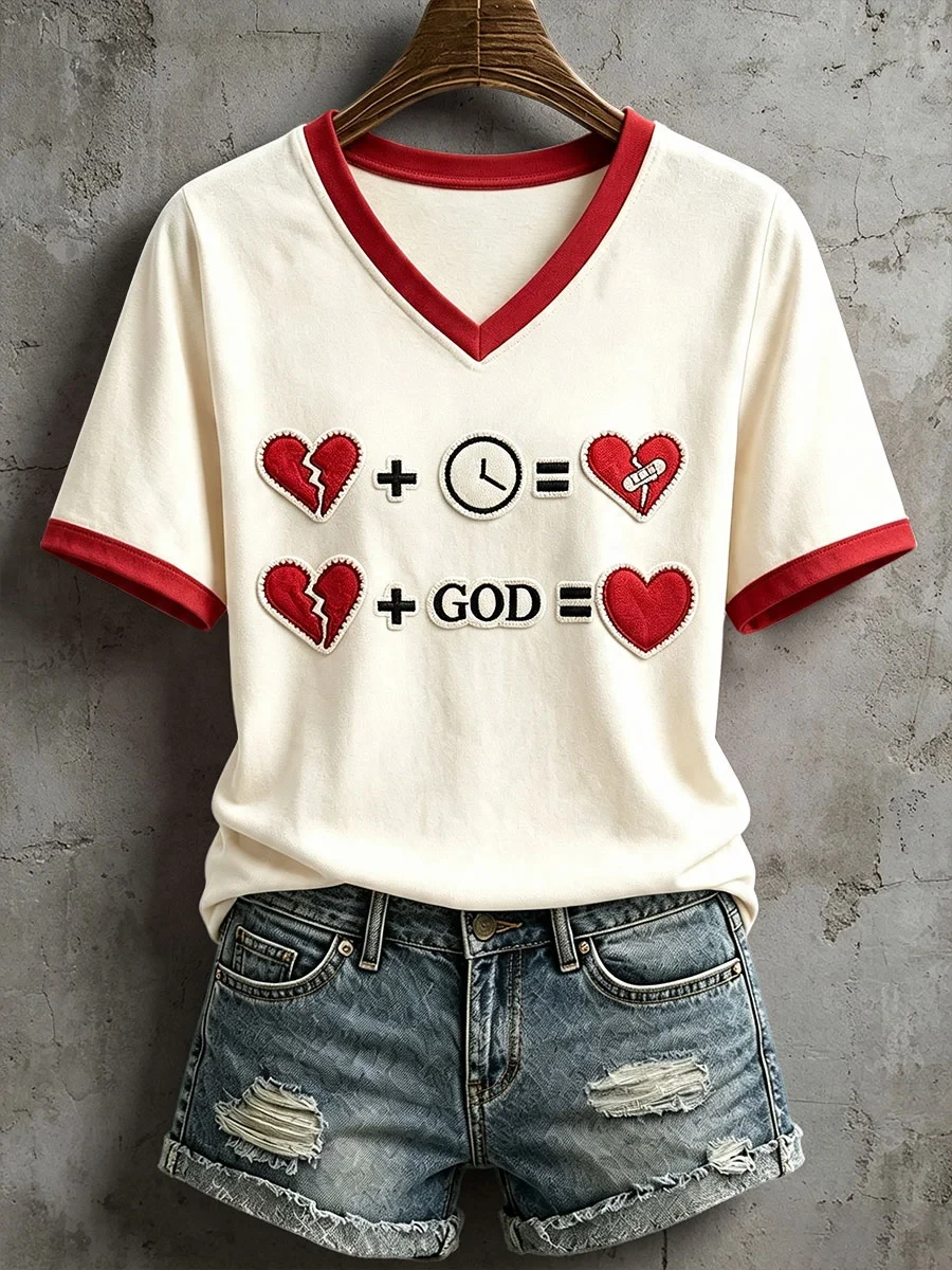 Broken Heart Plus God Equals Healed Heart V-Neck Shirt Christian Healing Merch Religious Gifts - Kdjoy