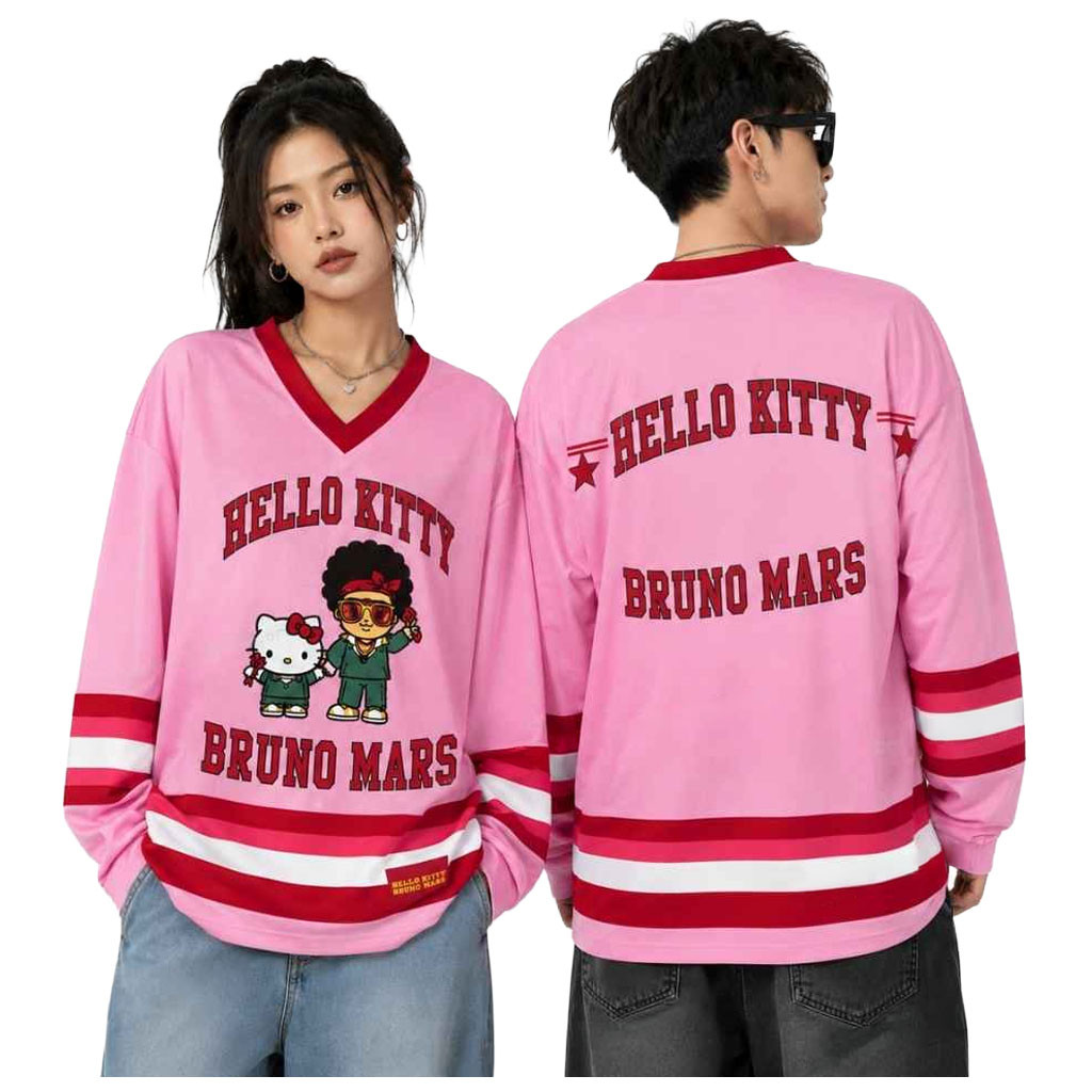 Bruno Mars Merch 2026 Bruno Mars Hello Kitty Pink Long Sleeve Jersey The Romantic Tour Merch - Kdjoy
