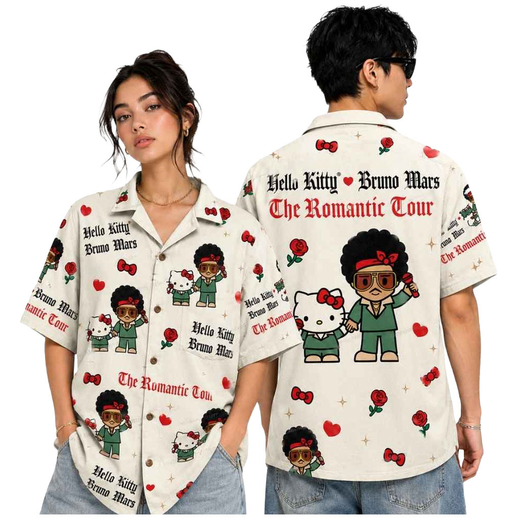 Bruno Mars Merch 2026 Bruno Mars Hello Kitty Summer Hawaiian Shirt The Romantic Tour Merch - Kdjoy Bruno Mars Merch 2026 Bruno Mars Hello Kitty Summer Hawaiian Shirt The Romantic Tour Merch - Kdjoy