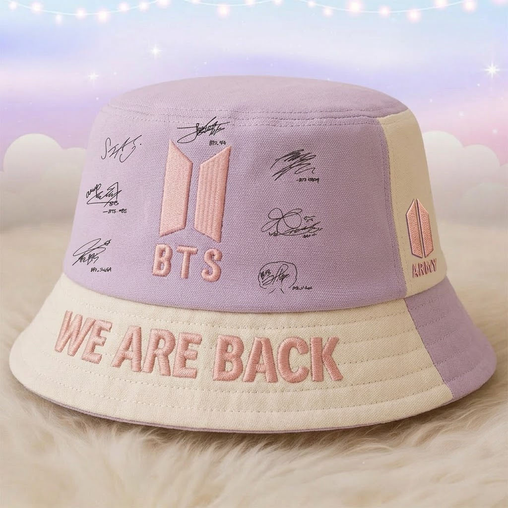 BTS We Are Back Bucket Hat BTS World Tour Merch Arirang 2026 Signature Gift For Army - Kdjoy BTS We Are Back Bucket Hat BTS World Tour Merch Arirang 2026 Signature Gift For Army - Kdjoy