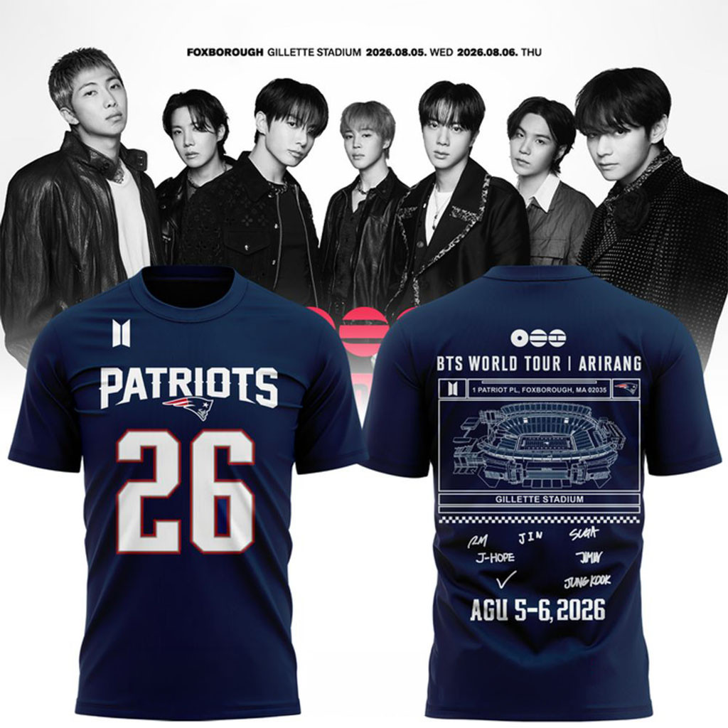 BTS X New England Patriots World Tour 2026 Navy Shirt BTS Arirang Merch Gifts For Kpop Fans - Kdjoy