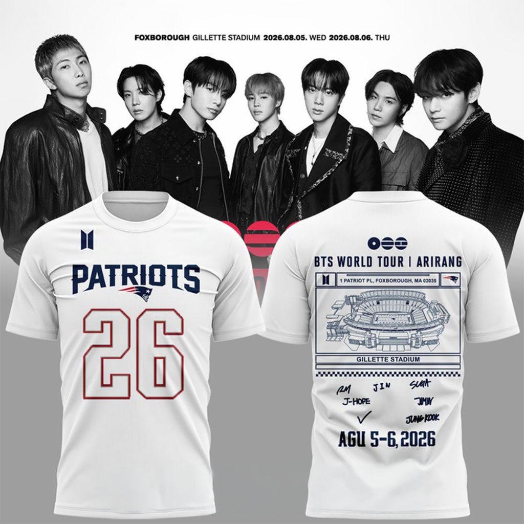 BTS X New England Patriots World Tour 2026 White Shirt BTS Arirang Merch Present For Army - Kdjoy