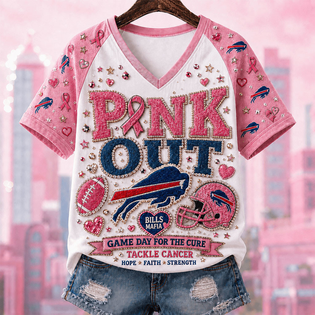 Buffalo Bills Breast Cancer Awareness V-Neck T-Shirt Pink Out Game Day For Cure Bills Merch Buffalo Bills Breast Cancer Awareness V-Neck T-Shirt Pink Out Game Day For Cure Bills Merch