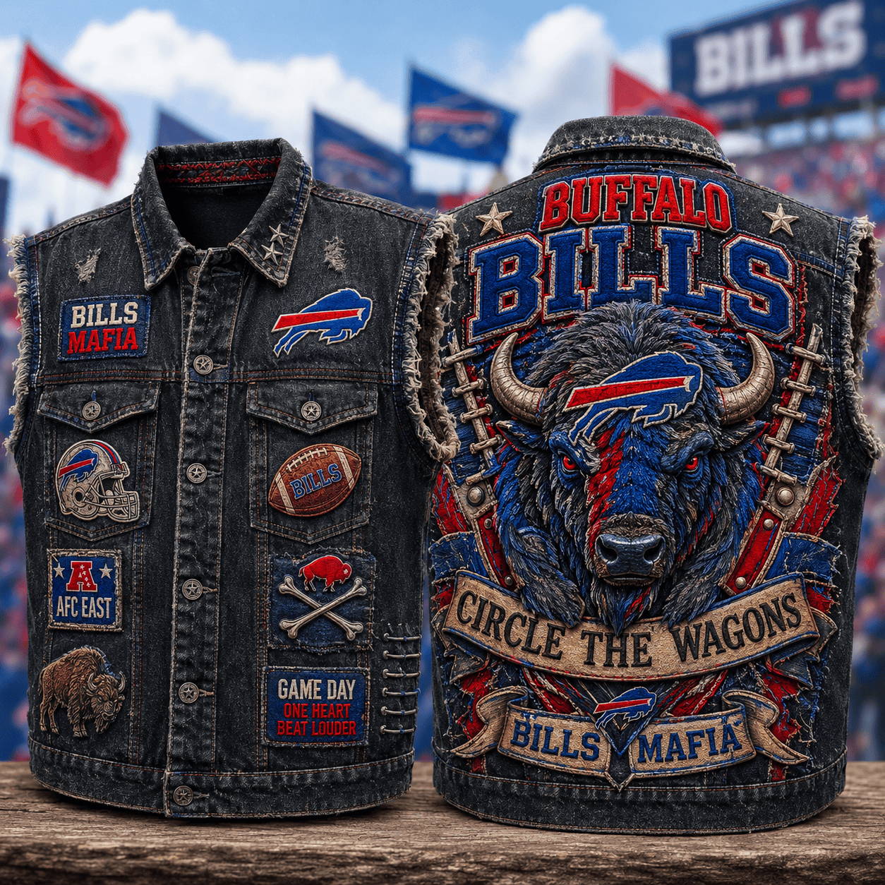 Buffalo Bills Circle The Wagons Denim Vest Bills Merch Presents For Football Fans - Kdjoy