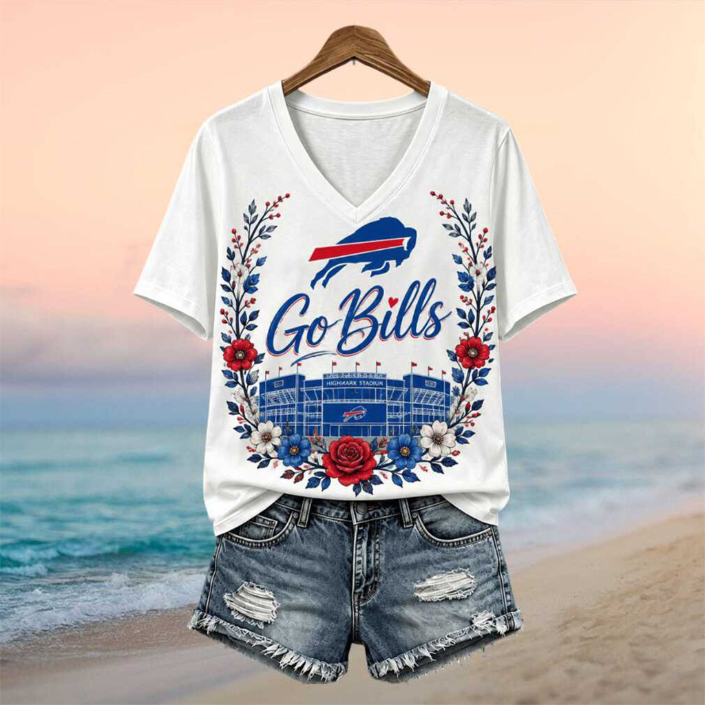 Buffalo Bills Highmark Stadium Floral Go Bills V-Neck Shirt Buffalo Football Merch Fan Gfts - Kdjoy