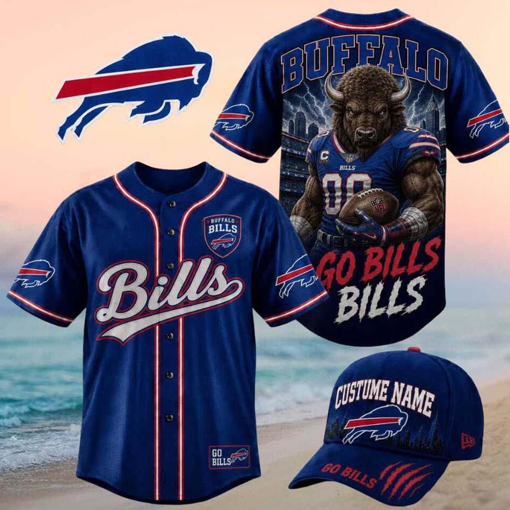 Buffalo Bills Muscular Buffalo Mascot Go Bills Baseball Jersey Buffalo Bills Merch Fan Gear