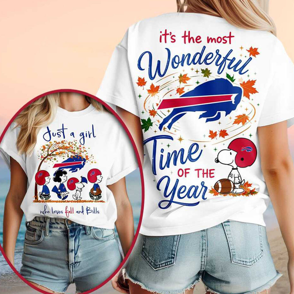 Buffalo Bills Snoopy Fall Leaves Wonderful Time Shirt Buffalo Bills Merch Football Gift For Her - Kdjoy