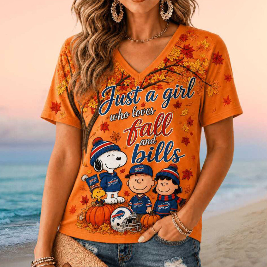 Buffalo Bills Snoopy Just A Girl Who Loves Fall V-Neck Shirt Buffalo Bills Merch Fan Gifts - Kdjoy