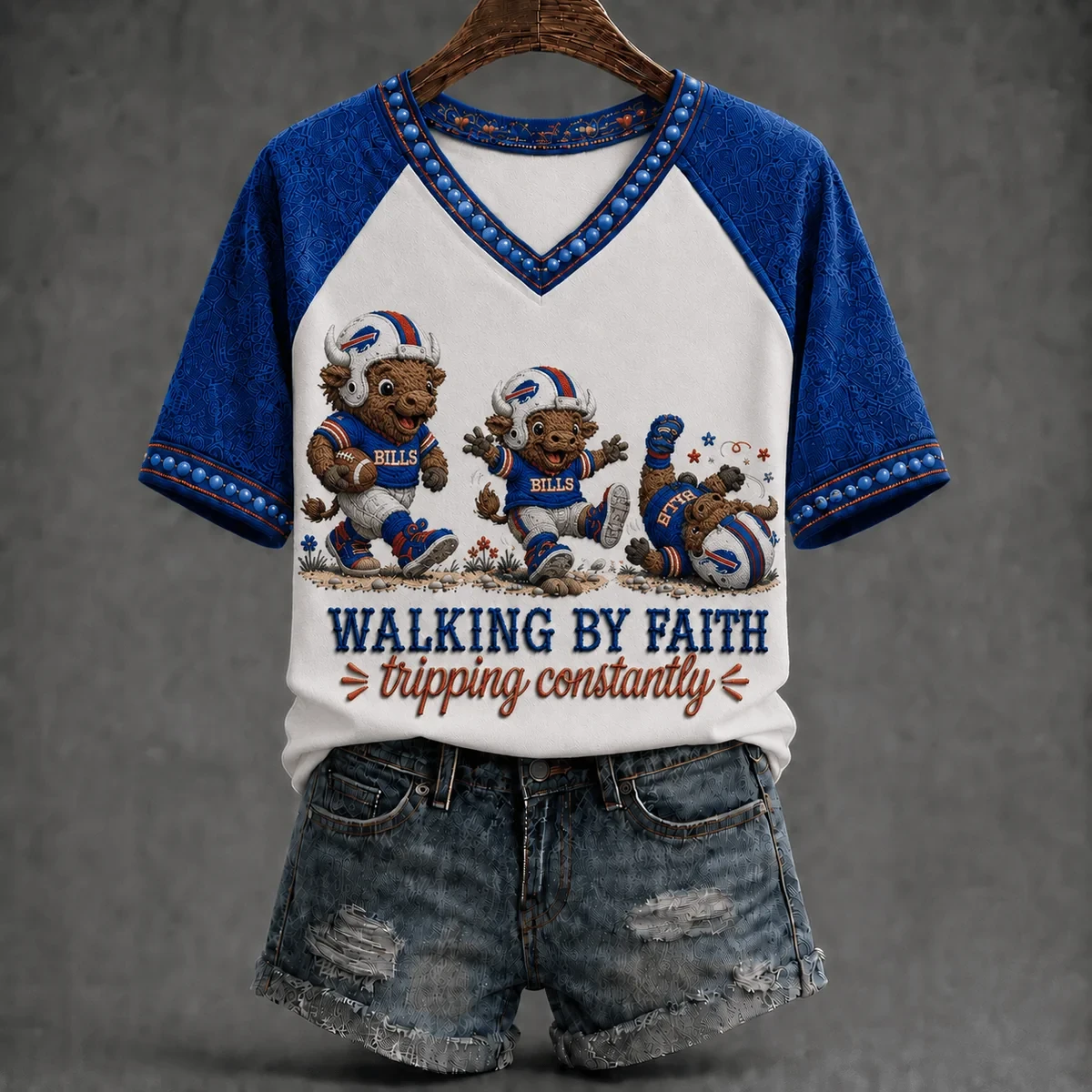 Buffalo Bills Walking By Faith Tripping Constantly V-Neck T-Shirt Bills Merch Fans Gifts - Kdjoy Buffalo Bills Walking By Faith Tripping Constantly V-Neck T-Shirt Bills Merch Fans Gifts - Kdjoy