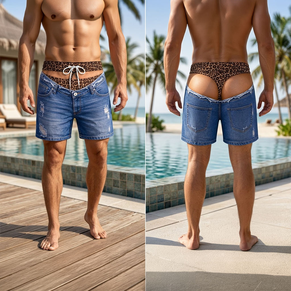 Built In Leopard Thong Distressed Denim Funny Shorts Summer Vacation Gift For Men - Kdjoy