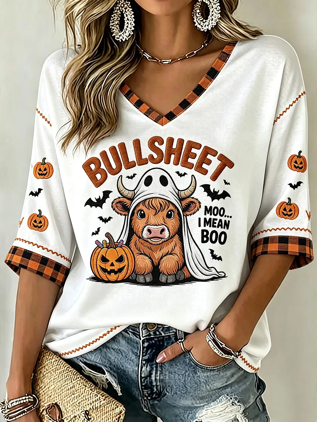 Bullsheet Cute Cow Halloween Ghost Cropped Sleeve V-Neck Shirt Spooky Season Merch Gift For Her - Kdjoy