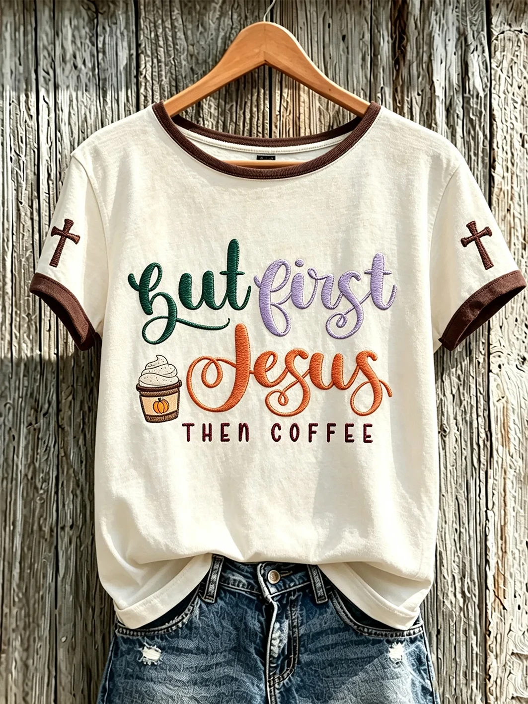 But First Jesus Then Coffee T-Shirt Faith Themed Fun Slogan Shirt Humorous Gift For Christian - Kdjoy