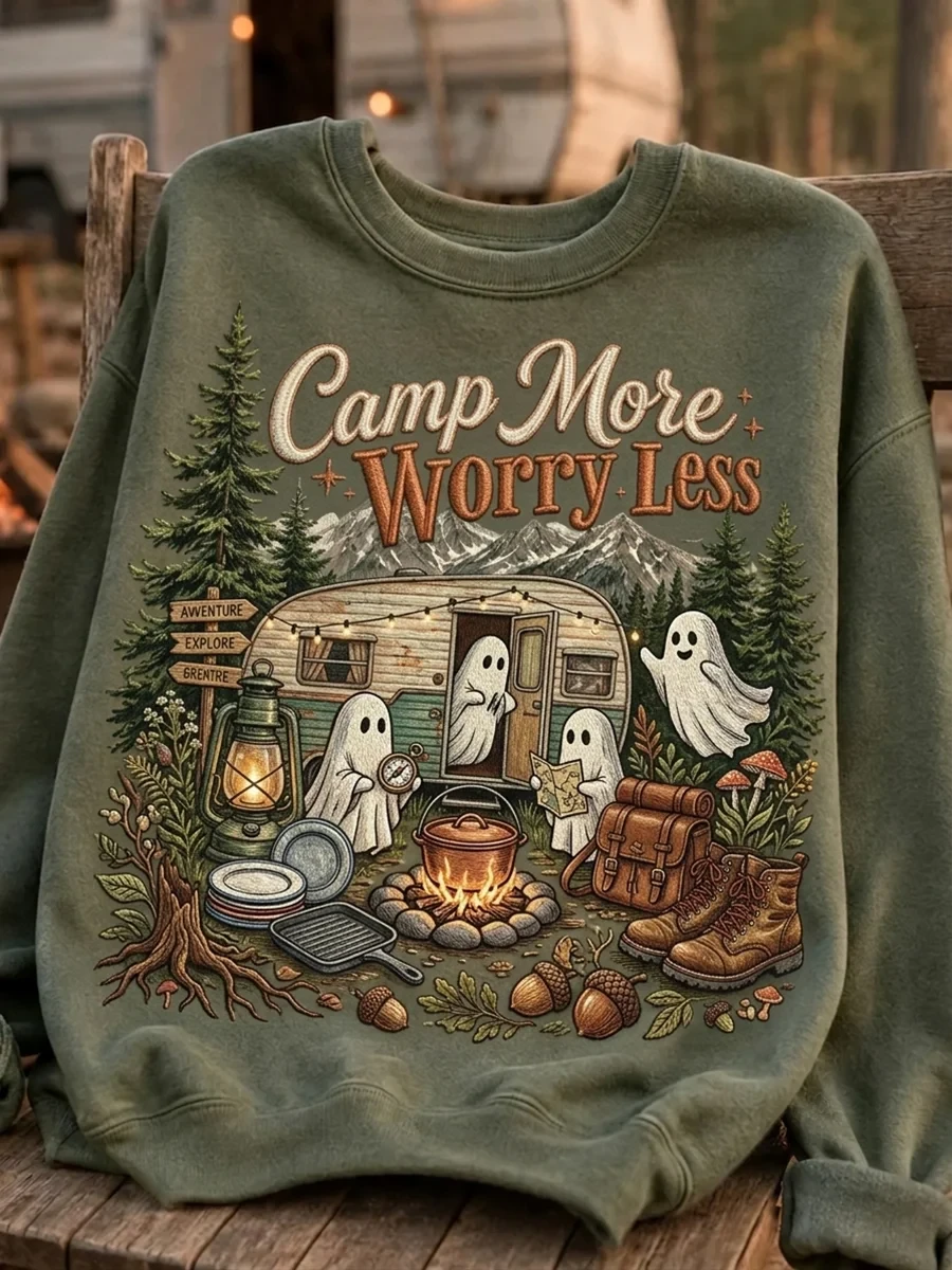 Camp More Worry Less Sweatshirt Camping Ghosts Clothing Halloween Gifts For Adults - Kdjoy Camp More Worry Less Sweatshirt Camping Ghosts Clothing Halloween Gifts For Adults - Kdjoy