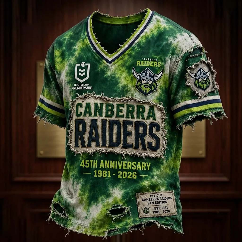 Canberra Raiders 1981 2026 Anniversary Distressed V-Neck Shirt Raiders Merch Rugby Fan Gifts - Kdjoy