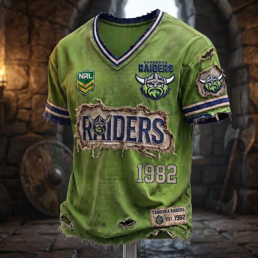 Canberra Raiders Distressed Green V-Neck Shirt Raiders Merch Present For Rugby Fan - Kdjoy