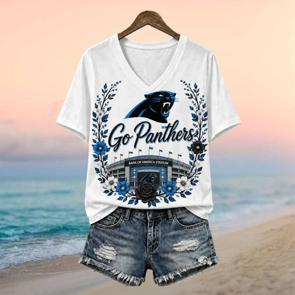 Carolina Panthers Bank Of America Stadium Floral V-Neck Shirt Carolina Panthers Merch Women - Kdjoy