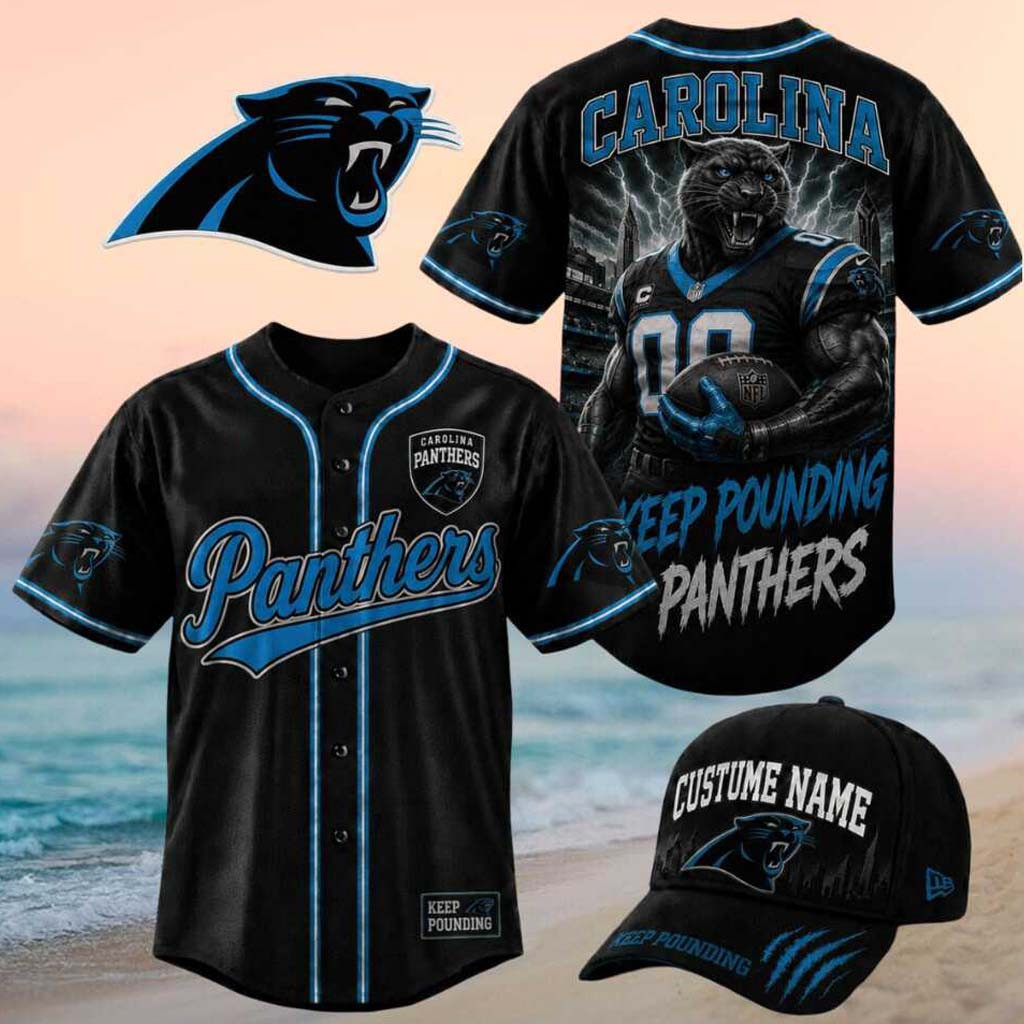 Carolina Panthers Muscular Panther Keep Pounding Baseball Jersey Panthers Merch Fan Gear Carolina Panthers Muscular Panther Keep Pounding Baseball Jersey Panthers Merch Fan Gear