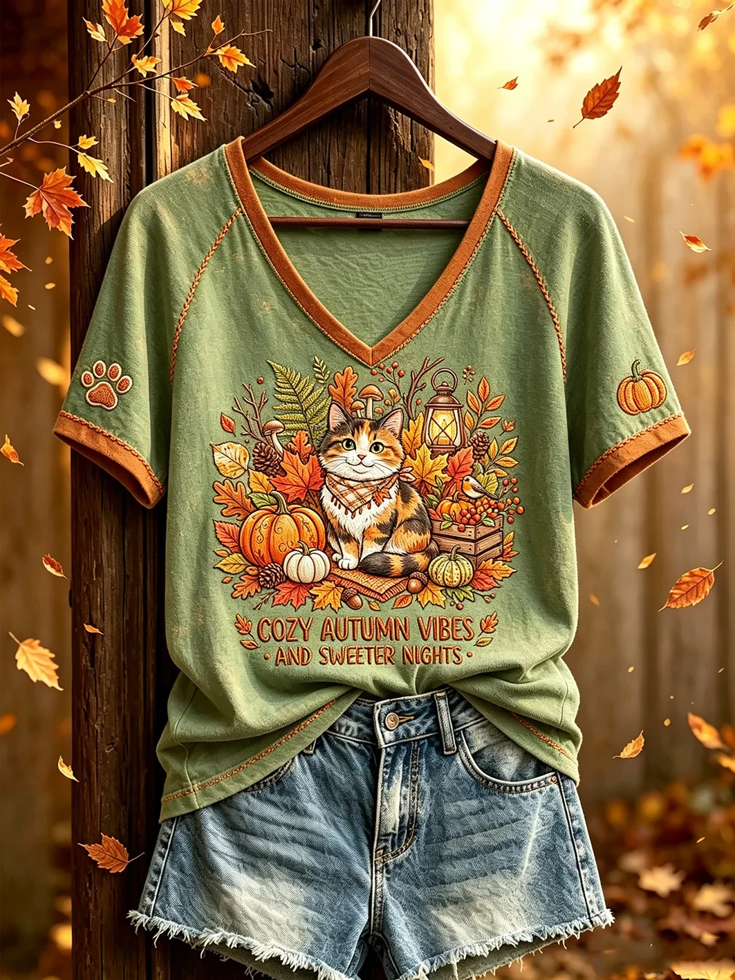 Cat Cozy Autumn Vibes And Sweeter Nights V-Neck Shirt Cute Fall Outfits Cat Lover Gifts - Kdjoy