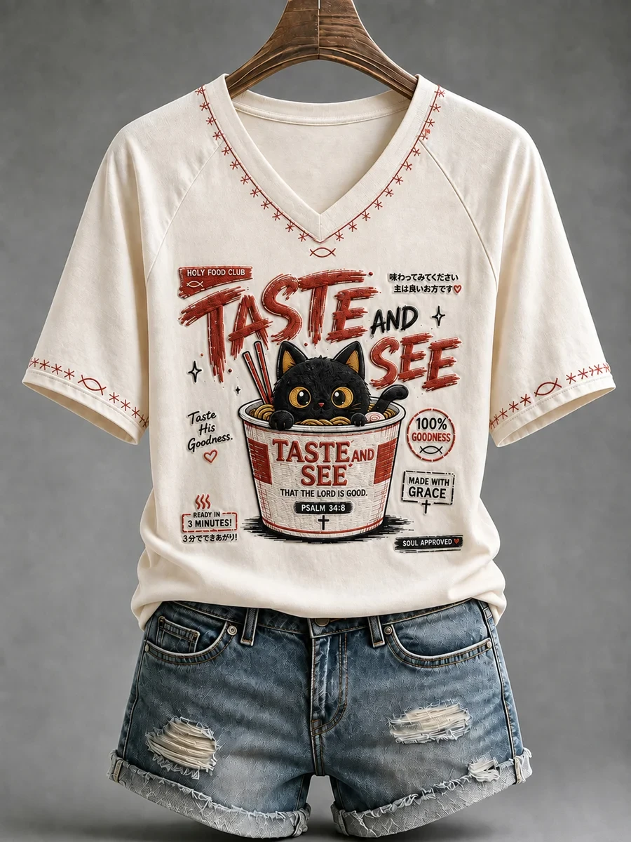 Cat Taste And See That The Lord Is Good V-Neck Shirt Funny Christian Clothing Gifts For BFF - Kdjoy